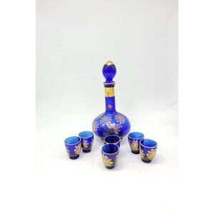 Vintage Cobalt Decanter Set, 6 Shot Glasses, Liquor Bottle & Stopper, Italy
